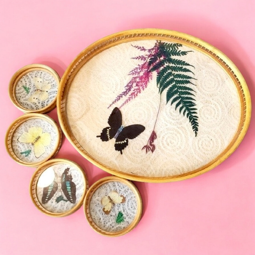 Vintage Bohemian Pressed Butterfly Bamboo Tray Coasters Flowers